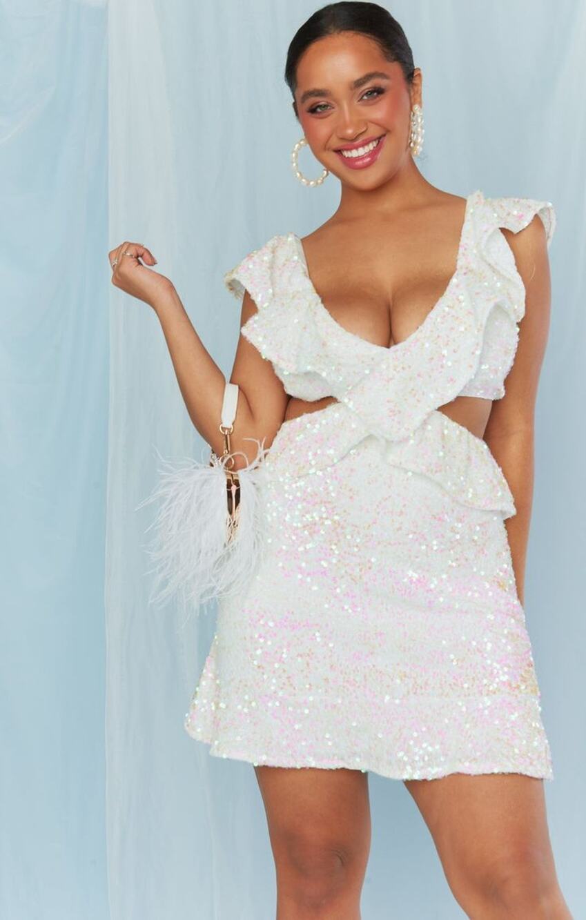 Show Me Your Mumu Zoey Mini Dress in White Iridescent Sequins M NWT